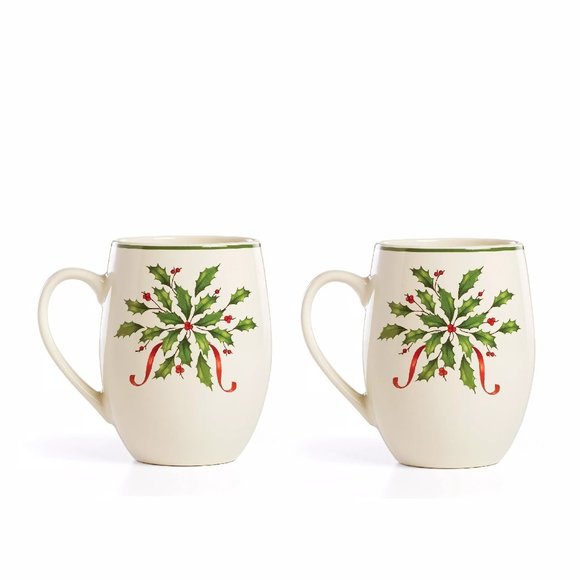 new Boxed Set of 2 Lenox Christmas Holiday Holly Leaves 5-inch Cocoa Mugs #A - Picture 1 of 9